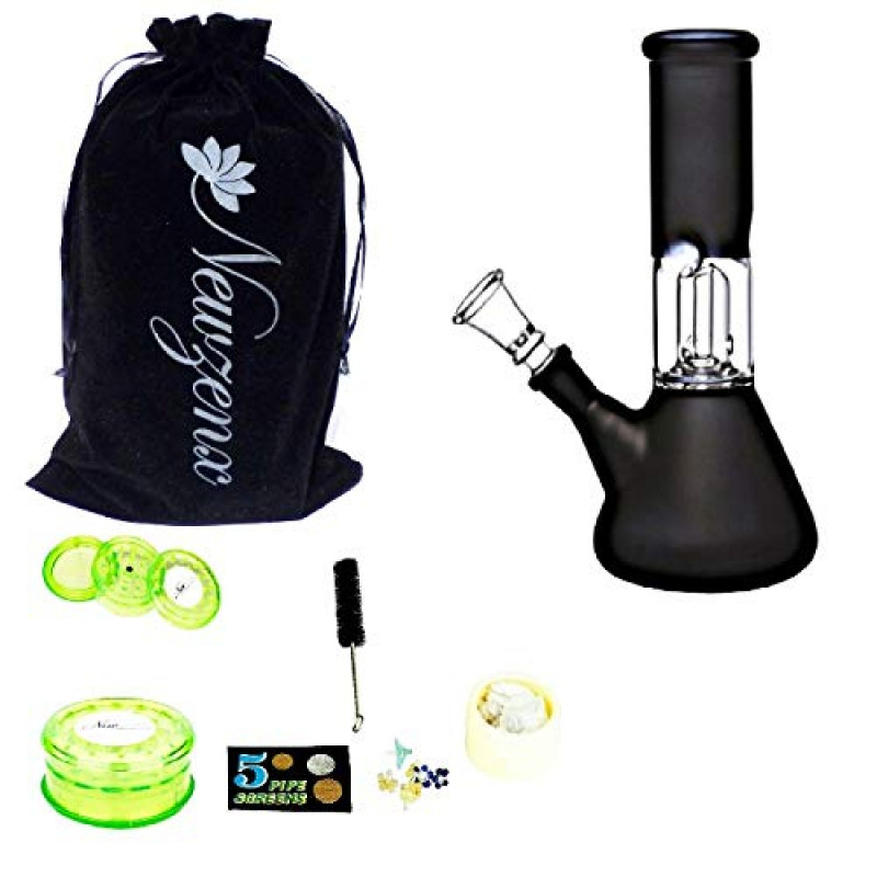 Newzenx Glass Ice Bong Single Perc 8 Inch | Storage Crusher, Pouch