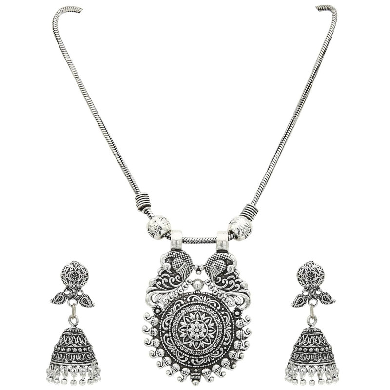 Traditional Oxidized German Silver Necklace with Peacock Earrings for Women