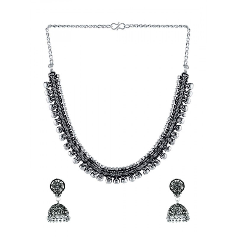 Silver Oxidised Kohlapuri Choker Necklace Set | Traditional Jewellery for Women