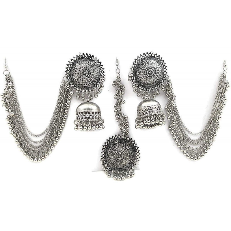 Oxidised German Silver Antique Traditional Maang Tikka, Jhumka, Earrings Jewellery Set