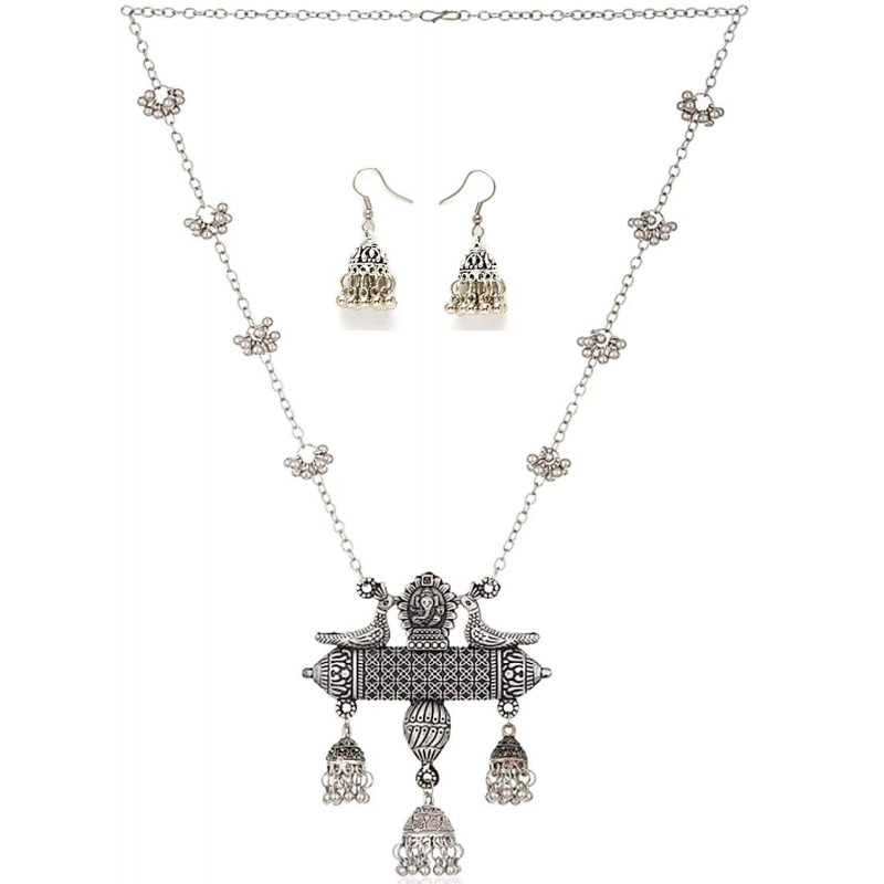 Oxidised German Silver Afghani Long Chain Pendant, Earrings, Necklace Jewellery Set