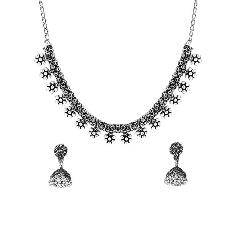 Traditional Silver Oxidised Kohlapuri Jewellery Choker Necklace Set for Women