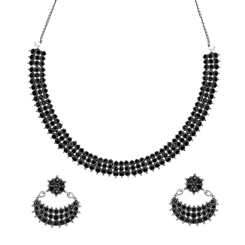 Traditional Silver Oxidised Jewellery | Silver Choker Set | Studded Stones Necklace Set
