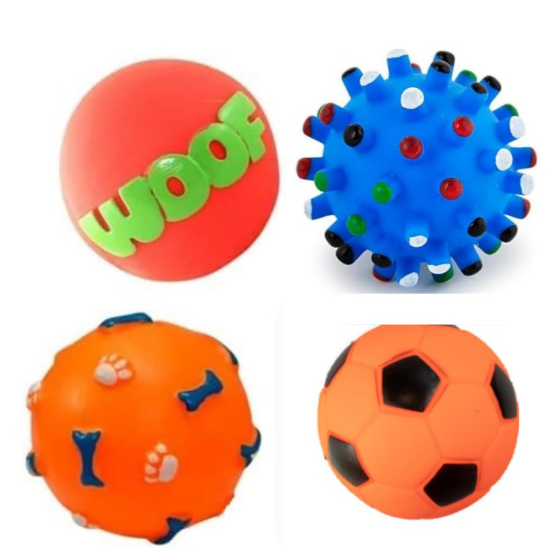 Rubber Squeaky Ball Toy Combo | Basket+Bone Print+Woof+Foot Ball