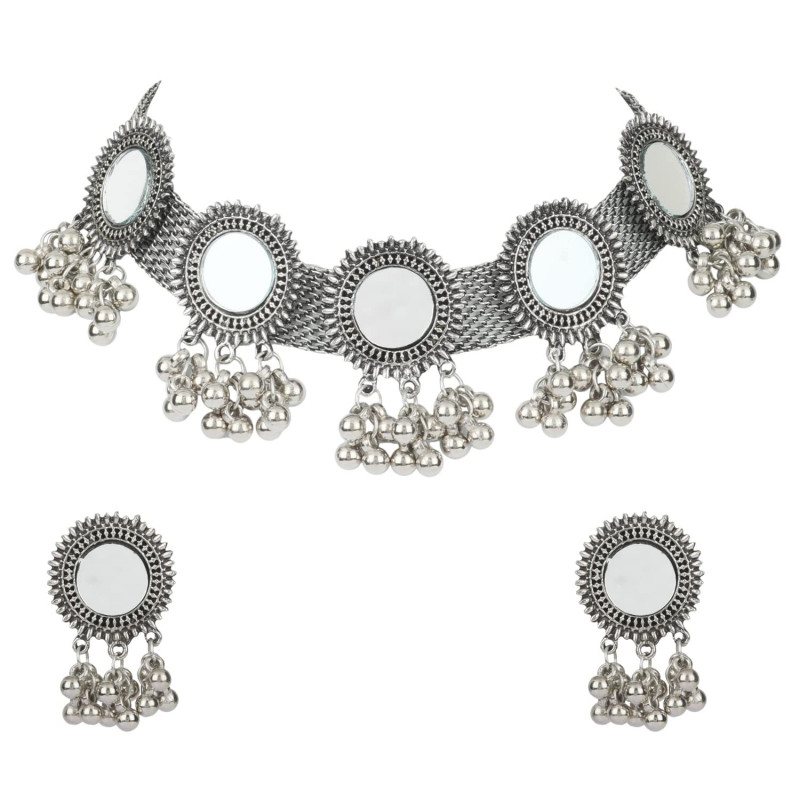 Latest Stylish Fancy Oxidised Silver Tribal Choker Necklace Jewellery Set for Women