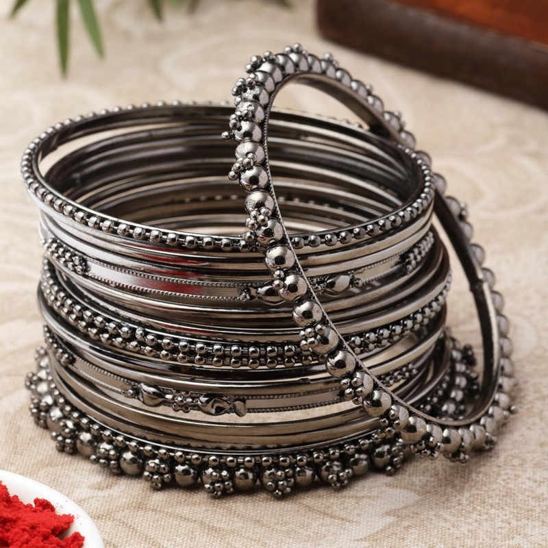 Oxidised Silver-Plated Textured Bangles Jewellery Set for Girls and Women (2.4 Inch) Oxidised Silver-Plated Textured Bangles Jewellery Set for Girls and Women (2.4 Inch)