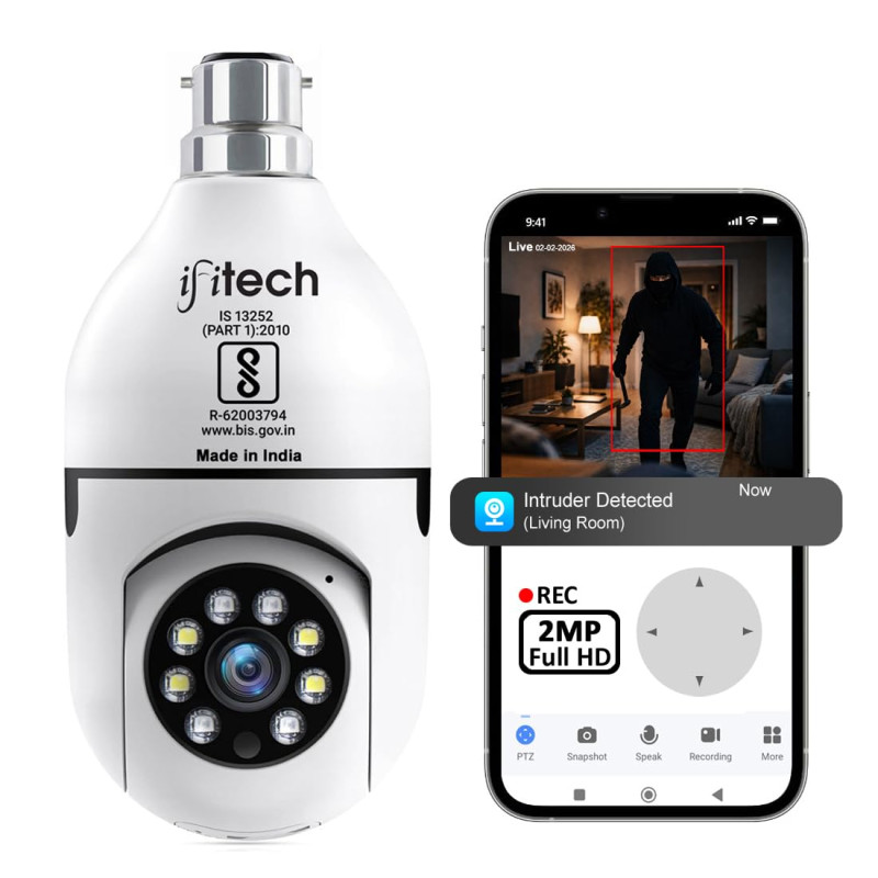 IFITech HD 1080p Smart Wi-Fi CCTV Home Security Camera | 360 degree Smart Bulb Camera | 256GB SD Card Support | Perfect for Office & Home Monitoring