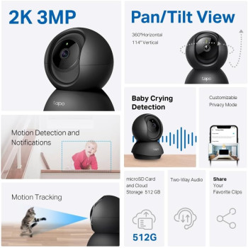 TP-Link Tapo 2K Indoor Wired Security Camera | Pan & Tilt | Baby & Pet Monitoring, Motion Detection, 2-Way Talk, Siren, Night Vision (Black, C211)
