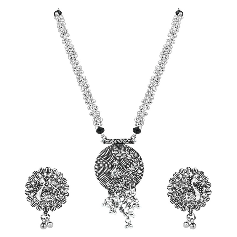 Ethnic Silver Oxidised Radha Krishna Design Long Necklace Jewellery Set