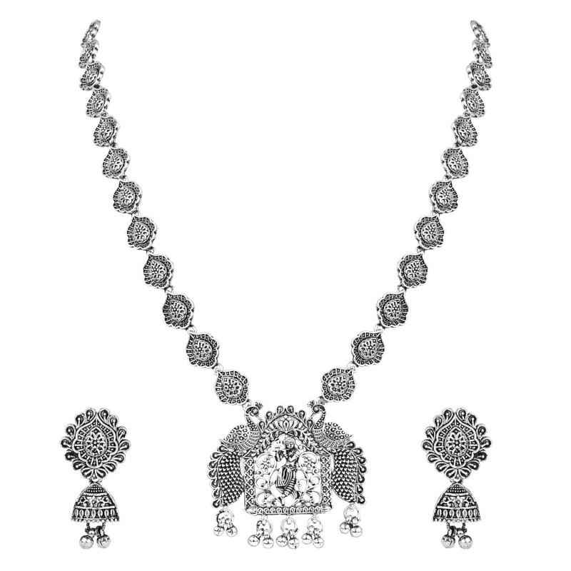 Ethnic Silver Oxidised Floral Design Ghungroo Long Necklace Jewellery With Earrings Set