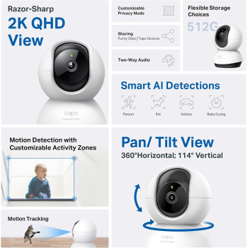 TP-Link Tapo C220 2K QHD Pan/Tilt CCTV Security Camera | Pet & Baby Motion Detection | Night Vision, 2-Way Audio, Cloud &SD Card Storage, Works with Alexa
