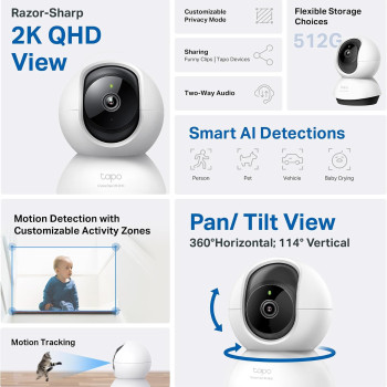 TP-Link Tapo C220 2K QHD Pan/Tilt CCTV Security Camera | Pet & Baby Motion Detection | Night Vision, 2-Way Audio, Cloud &SD Card Storage, Works with Alexa