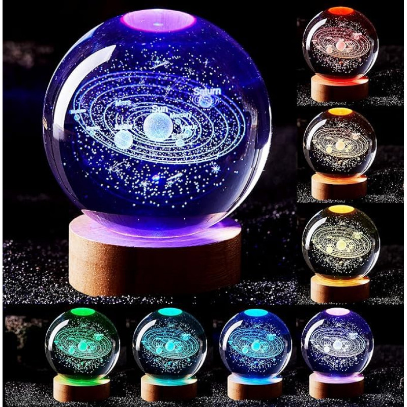 GITGRNTH 3D Galaxy Crystal Ball Lamp With Light Changing Wooden Base - 2.36 Inch Solar System Night Light, 3D Crystal Ball, Galaxy Ball, Galaxy Ball Lamp (16 Color),Led