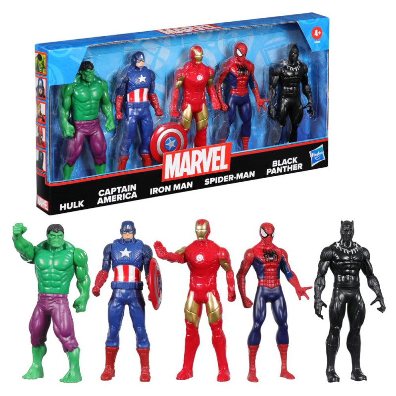 Marvel Hulk, Captain America, Iron Man, Spiderman & Black Panther Action Figure Set - 6 Inch