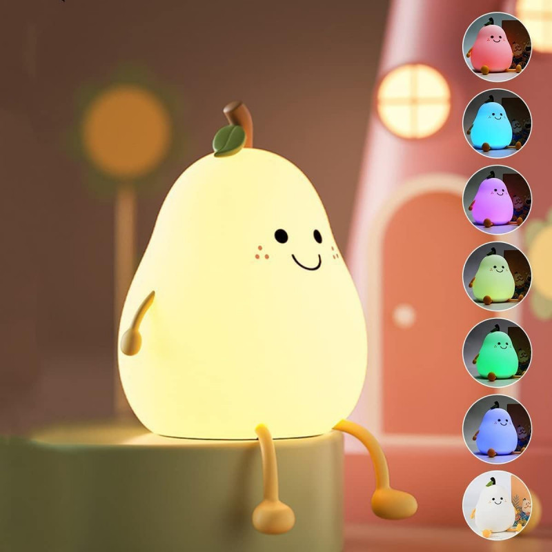 Rechargeable Silicone Pear Night Lamp, Touch Control 7 Color LED Light | Kids Bedroom Decor