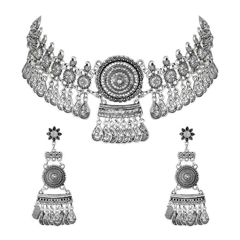 Silver Oxidised Traditional Afghani Choker Necklace Jewellery Set with Earrings