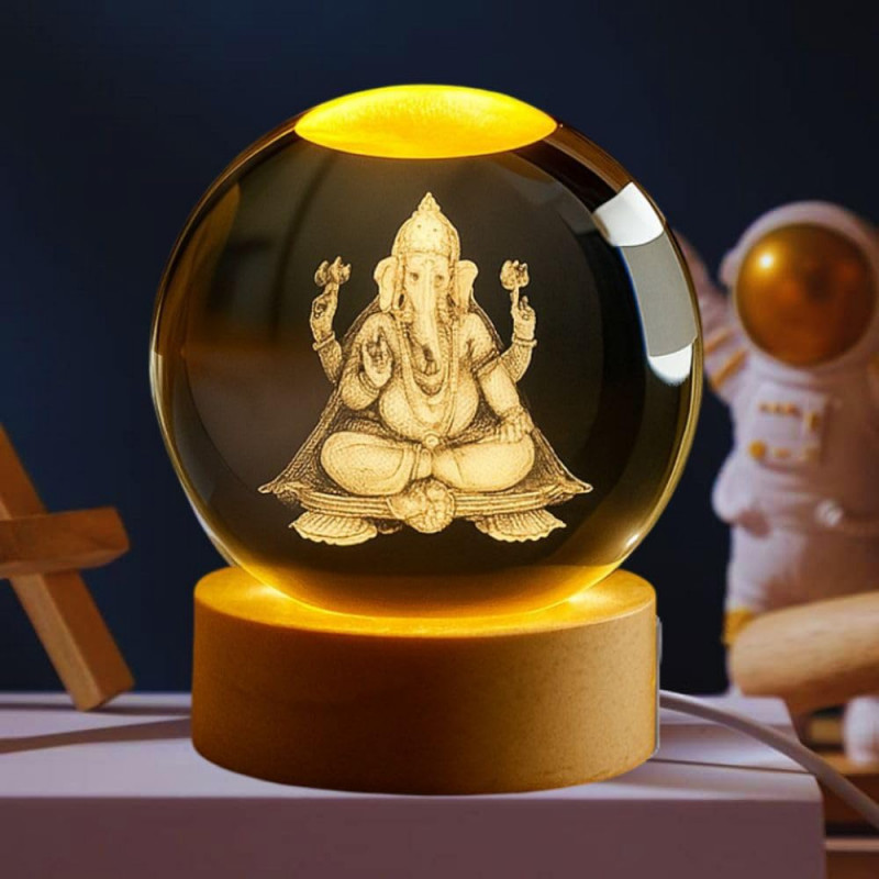 Desidiya Lord Ganesh Ji Crystal Ball Night Light 2.4 Inch Glass Ball Night LED Lamp with Woodern Base Perfect for Gift