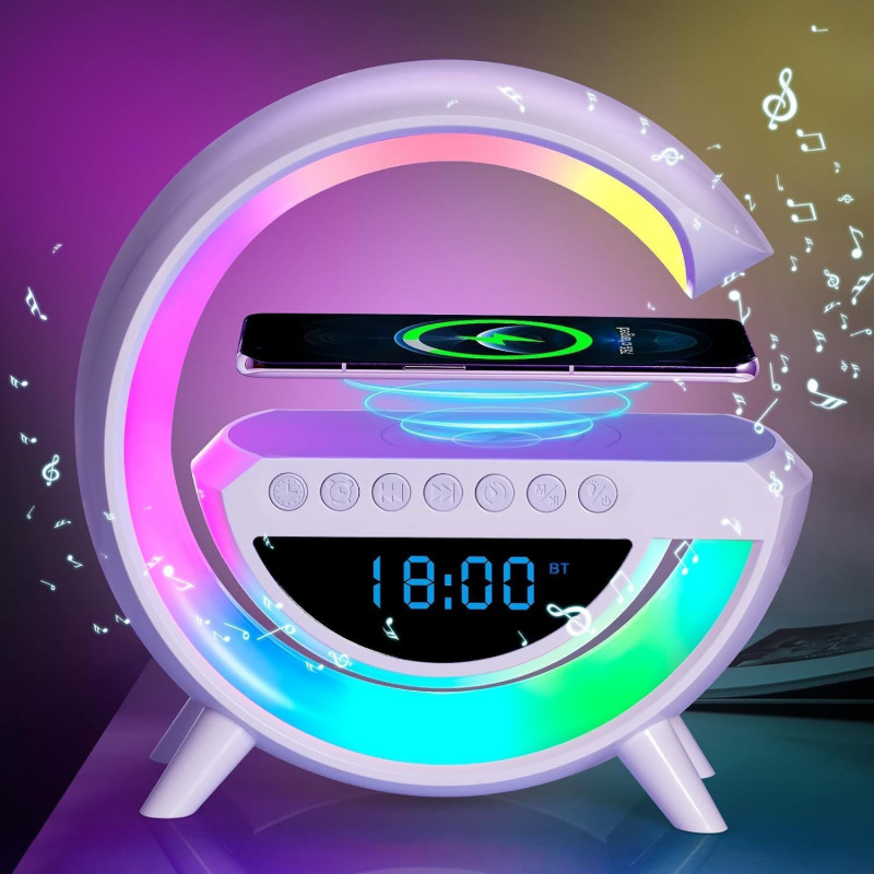 Smart G-Shape Google LED Table Lamp | 4-in-1 Bluetooth Speaker Wireless Charger | Bedside Lamp with Clock & Color Changing Sound Smart G-Shape Google LED Table Lamp | 4-in-1 BT Speaker Wireless Charger with Clock