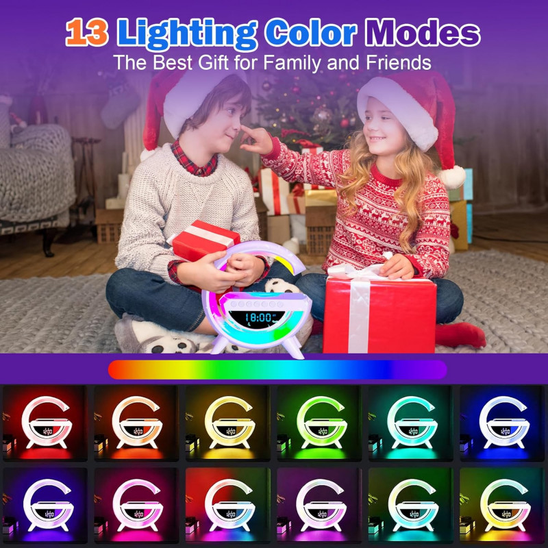 Smart G-Shape Google LED Table Lamp | 4-in-1 Bluetooth Speaker Wireless Charger | Bedside Lamp with Clock & Color Changing Sound Smart G-Shape Google LED Table Lamp | 4-in-1 BT Speaker Wireless Charger with Clock