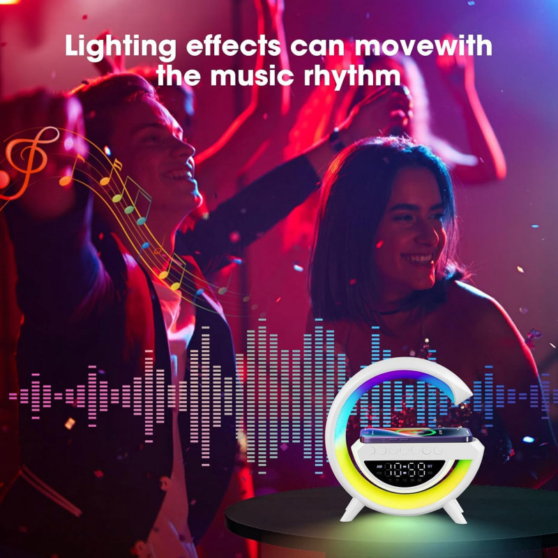 Smart G-Shape Google LED Table Lamp | 4-in-1 Bluetooth Speaker Wireless Charger | Bedside Lamp with Clock & Color Changing Sound Smart G-Shape Google LED Table Lamp | 4-in-1 BT Speaker Wireless Charger with Clock