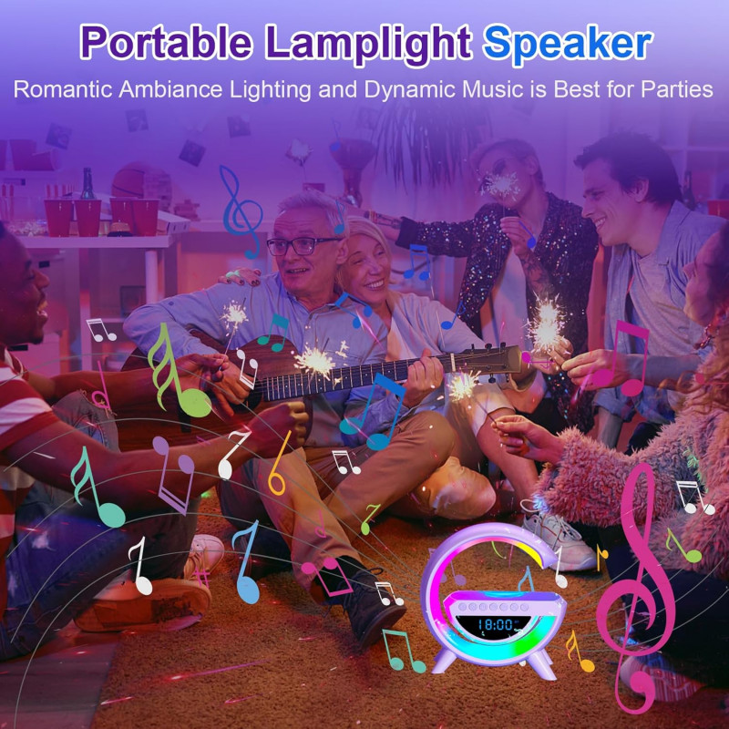 Smart G-Shape Google LED Table Lamp | 4-in-1 Bluetooth Speaker Wireless Charger | Bedside Lamp with Clock & Color Changing Sound Smart G-Shape Google LED Table Lamp | 4-in-1 BT Speaker Wireless Charger with Clock