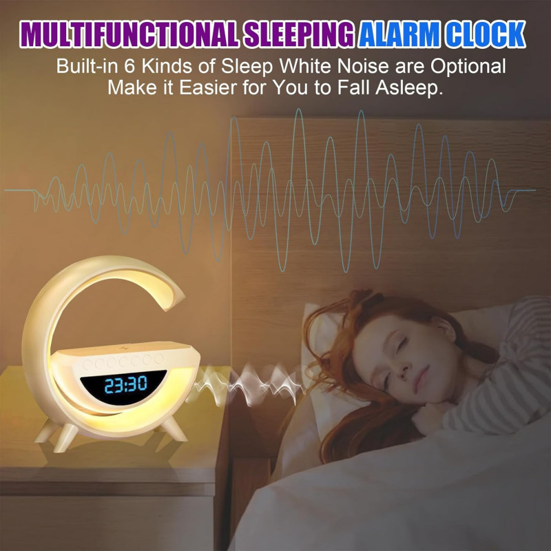 Smart G-Shape Google LED Table Lamp | 4-in-1 Bluetooth Speaker Wireless Charger | Bedside Lamp with Clock & Color Changing Sound Smart G-Shape Google LED Table Lamp | 4-in-1 BT Speaker Wireless Charger with Clock
