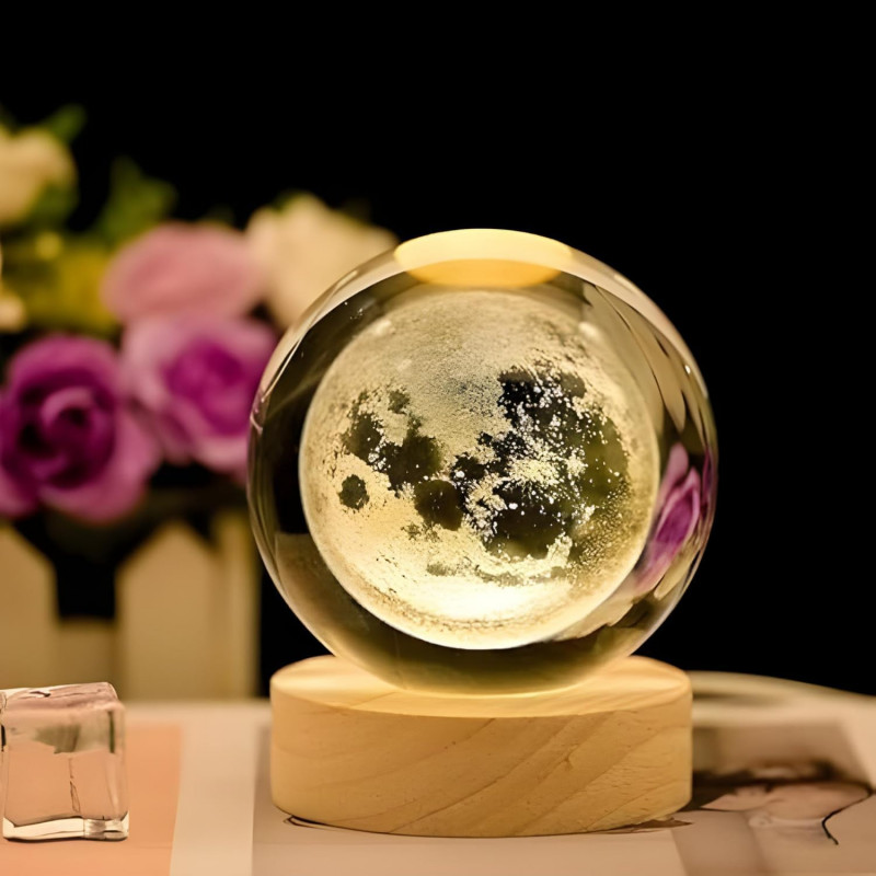 WILDSTICH® 3D Moon Crystal Ball Planet Crystal Ball Night Light with Warm White Dimmable LED Wooden Base - Decorative LED Lamp for Home, Office, Bedroom, and Gift Giving (Moon)