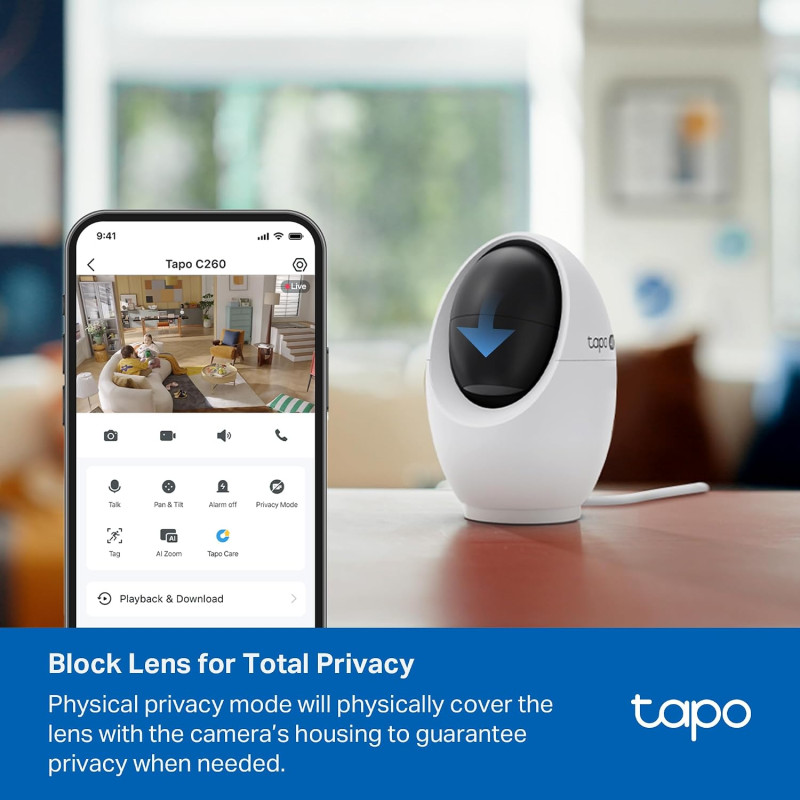 TP-Link Tapo C260 4K Pan/Tilt Indoor Wired Security Camera | 360 degree AI Motion Tracking | Baby Monitor CCTV, Pet\Person Detection | Face Recognition | Supports SD Card