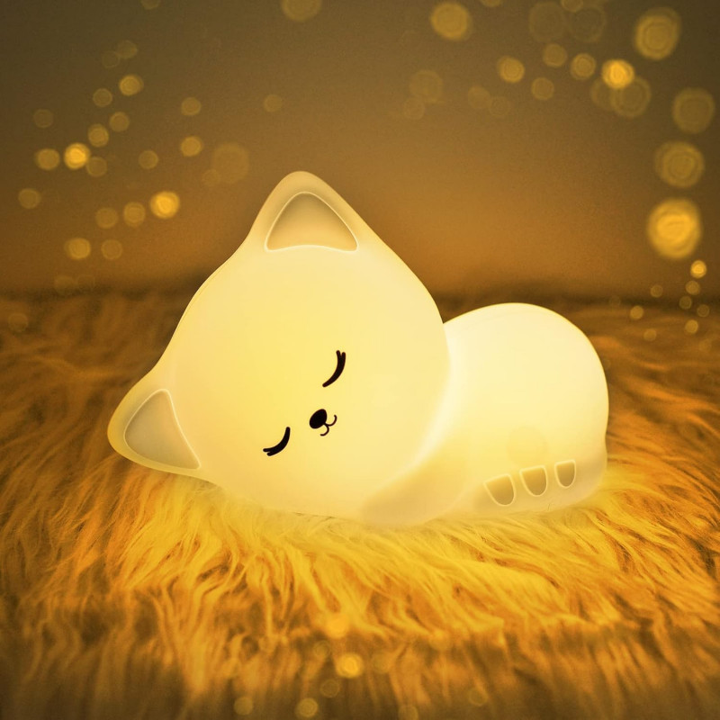 Baby Cat Night Light Lamp for Girls Bedroom | Tap Control Silicone LED | Color Changing, Dimmable, Rechargeable