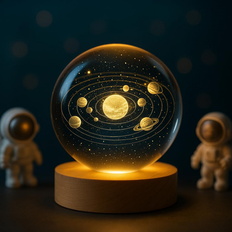 Novo Baby 3D Crystal Lamp Crystal Ball Night Light for Baby with Wooden Base | LED USB Powered Ball | Solar Light Lamp | Birthday Gift for Friend, Home & Office Décor for Activity & Play Time (Solar)
