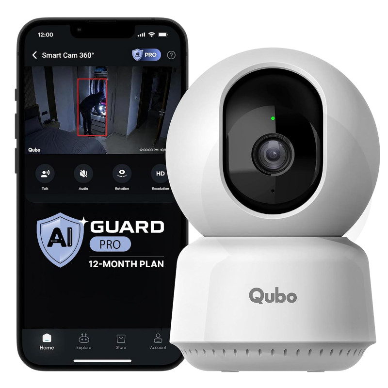 Qubo 3MP Smart Camera 360° | AI Detection | Alarm | Color Night Vision | Two-Way Audio | Records Directly on Cloud | No SD Card Required