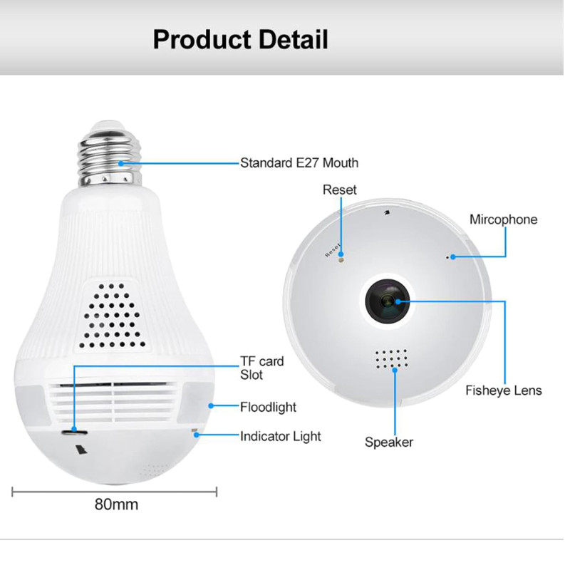 DDLC 4MP WiFi Bulb Smart CCTV Camera | 360 degree HD Panoramic View | Night Vision | Motion Detection | Two-Way Audio | Wireless WiFi Bulb Cam for Home Indoor | Mobile App V380 Pro