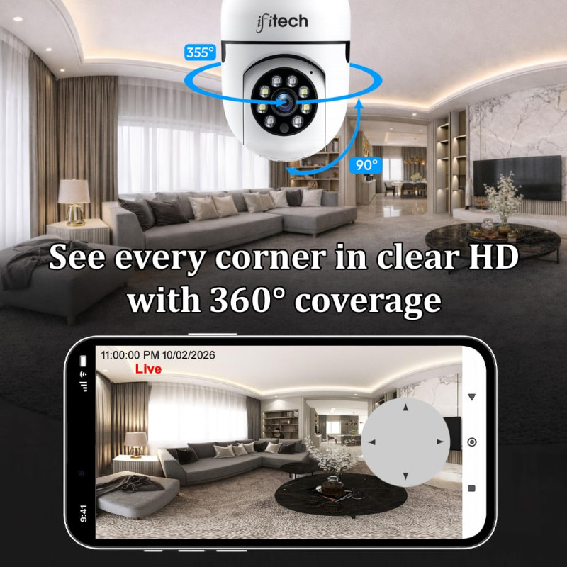IFITech HD WiFi Home Security Smart CCTV Camera | 360 degree Indoor Bulb Cam | 256GB SD Card Support (Not Included) | Perfect for Home, Office