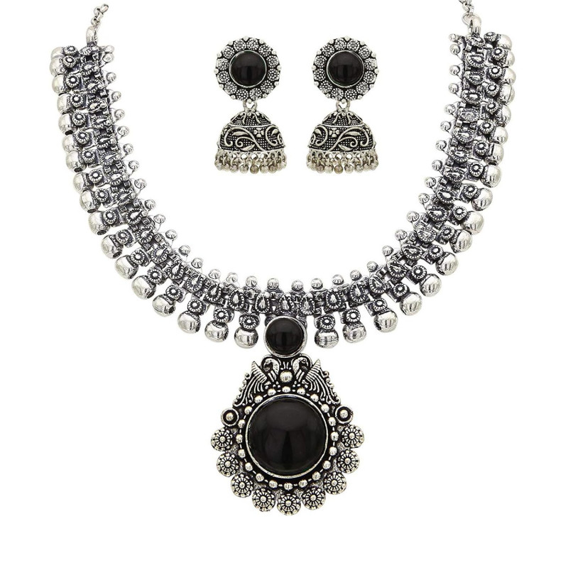 Antique Vintage Oxidised Silver Kolhapuri Stone Choker Necklace Set with Jhumka Earrings for Girls