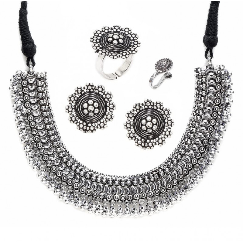 Oxidised Silver Tradtional Necklace Jewellery Set with Earrings , Rings and Nose Clip