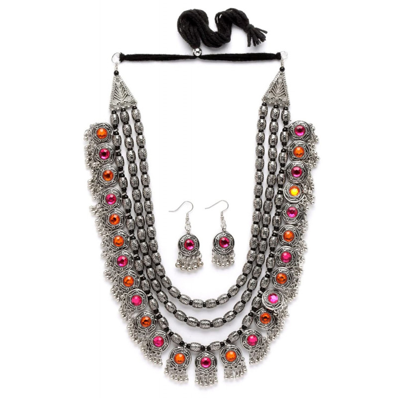 Oxidised Silver Tribal Necklace Jewellery Set for Women | Latest Multicolour