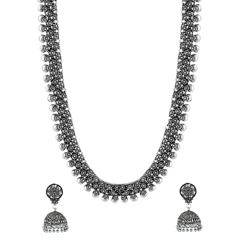 Ethnic Silver Oxidised Long Choker Necklace Set with Earrings Traditional Jewellery Set