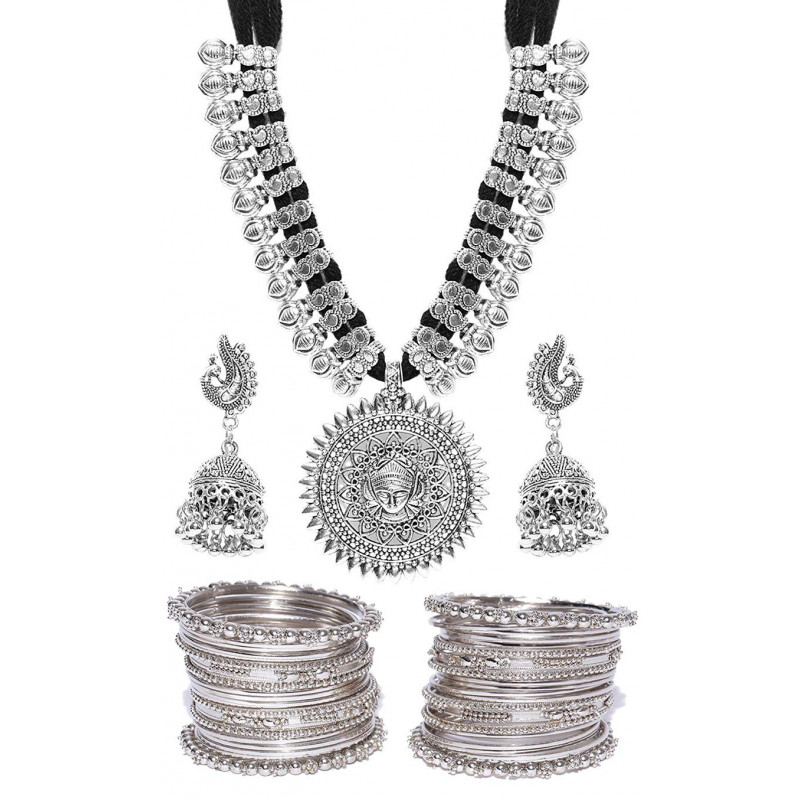 Silver Plated Afghani Tribal Necklace Jewellery set with Earrings and Bangles Combo