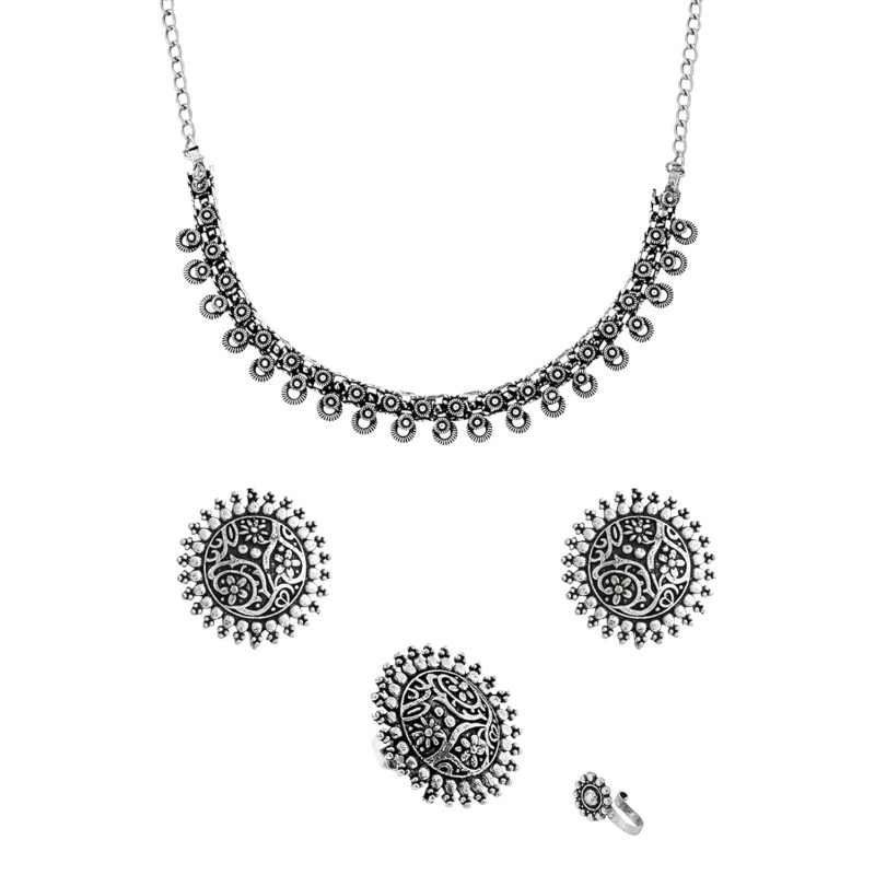 German Silver Oxidised Jewellery Set | Traditional Threaded Choker Necklace for Women