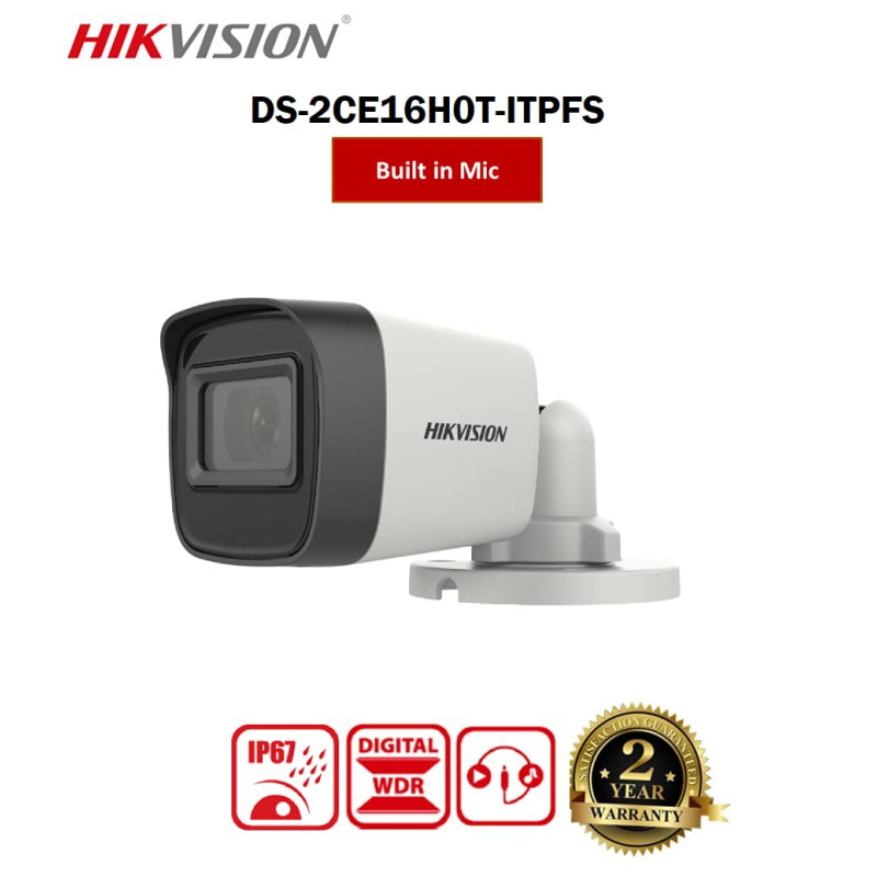 Hikvision 5 MP Outdoor Bullet CCTV Camera with inbuilt Audio Mic IP67 DS-2CE16H0T-ITPFS + USEWELL BNC/DC, White