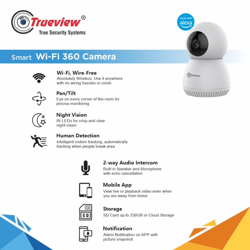 Trueview 3MP WiFi Robot Security Camera | 360° Pan Tilt | All-Time Color Night Vision | AI Auto Tracking & 2-Way Audio | Alexa Compatible | Supports 256GB Memory Card | STQC Certified for Privacy