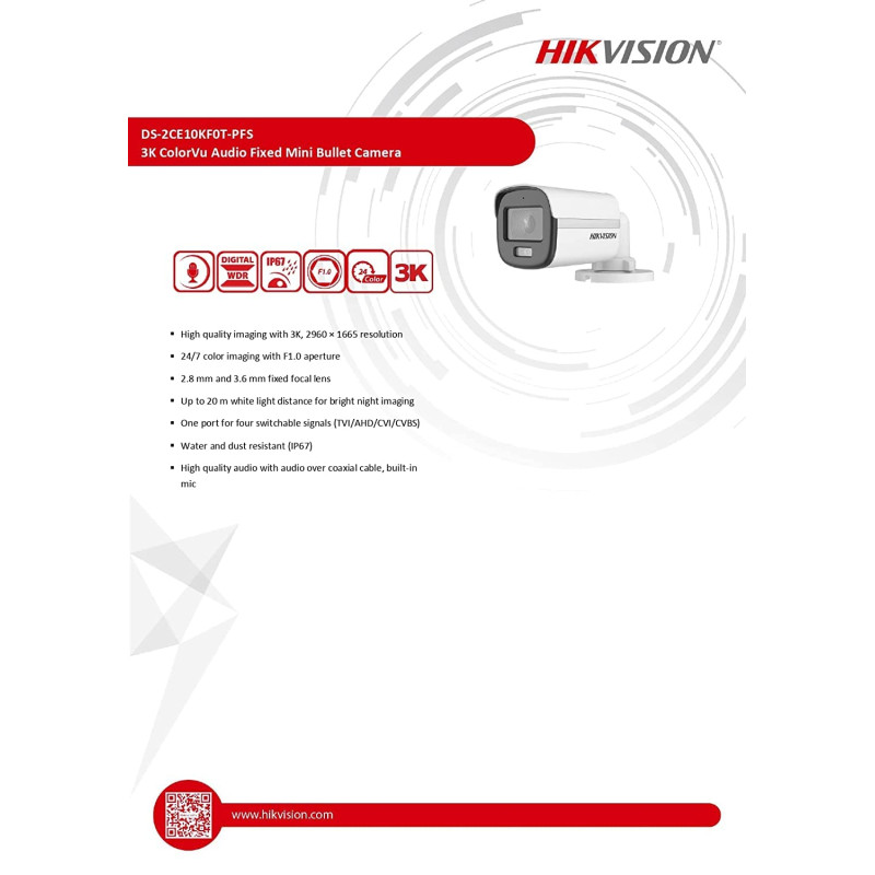 HIKVISION 3K ColorVu Audio Fixed Mini Bullet Camera DS-2CE10KF0T-PFS