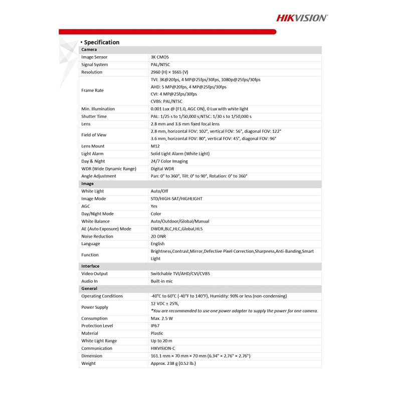 HIKVISION 3K ColorVu Audio Fixed Mini Bullet Camera DS-2CE10KF0T-PFS