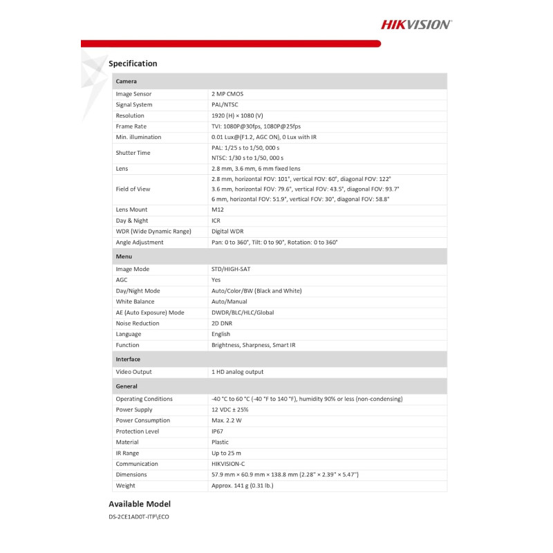 HIKVISION 2MP Outdoor Bullet Wired CCTV Camera (DS-2CE1AD0T-ITP/ECO)