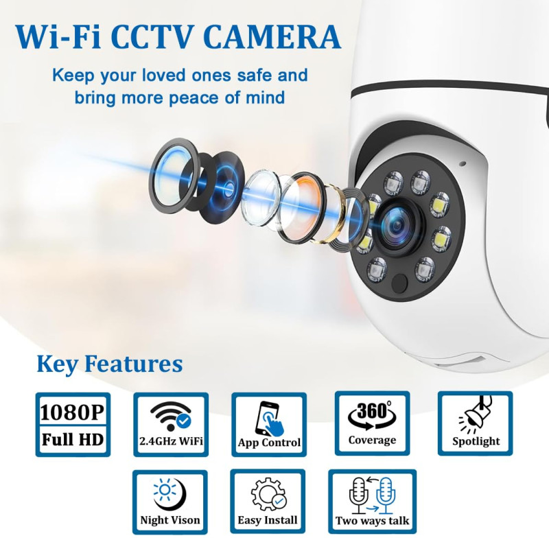 IFITech 1080p Full HD Smart Wi-Fi CCTV Home Security Camera | Indoor 360° Smart CCTV Camera | Bulb Camera | 256GB SD Card Support (Not Included) | Perfect for Home, Office Monitoring [2026 Model]