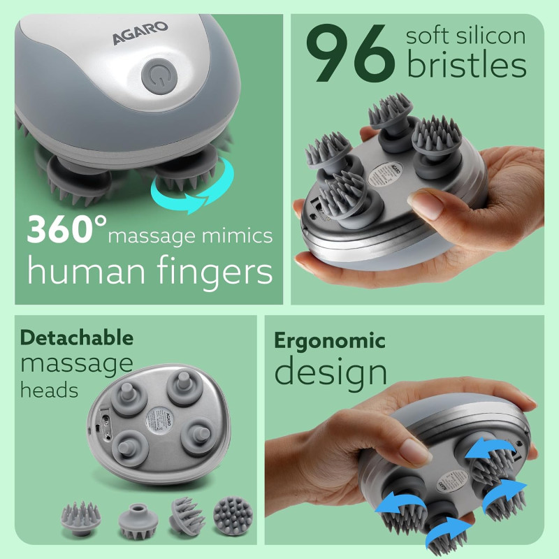 AGARO Rechargeable Scalp Massager | Portable Electric Head Kneading Massager | 3 Speed Modes | IPX7 Waterproof, Head Scratcher - SM3675
