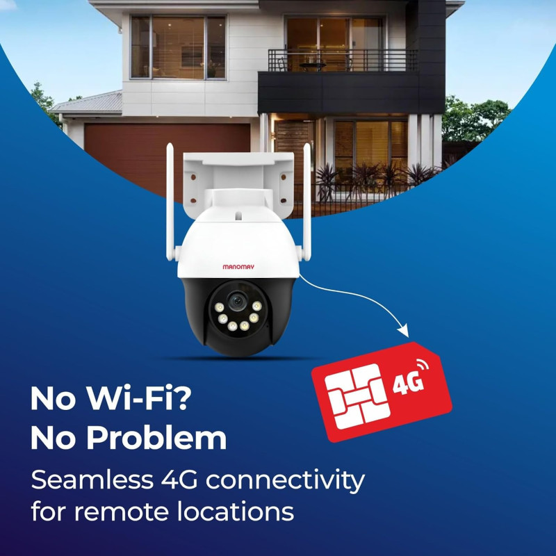 MANOMAY Protect Pro 3MP 4G SIM Security Camera | 360 degree Outdoor Pan Tilt CCTV | STQC Approved | Smart AI Human Auto Tracking | Two-Way Audio | Color Night Vision | IP66 Waterproof, Alexa, 256GB Memory Card