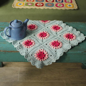 Handmade Crochet Table Runner | Cotton Floral Granny Square Design | Cotton Center Table Cover for Dining Table | Mint Green & Pink (18x18 inches)