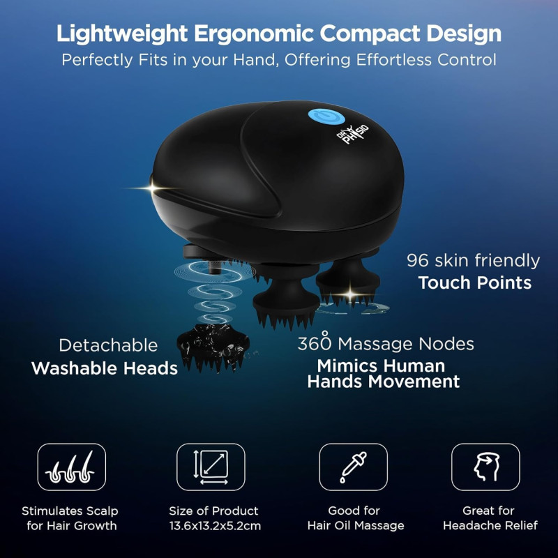 Dr Physio Rechargeable Electric Head Massager for Scalp, Body Pain Relief, Stress Relief, Hair Growth, Deep Clean & Relaxation | 96 Silicon Kneading Points with Detachable Head