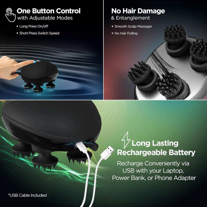 Dr Physio Rechargeable Electric Head Massager for Scalp, Body Pain Relief, Stress Relief, Hair Growth, Deep Clean & Relaxation | 96 Silicon Kneading Points with Detachable Head